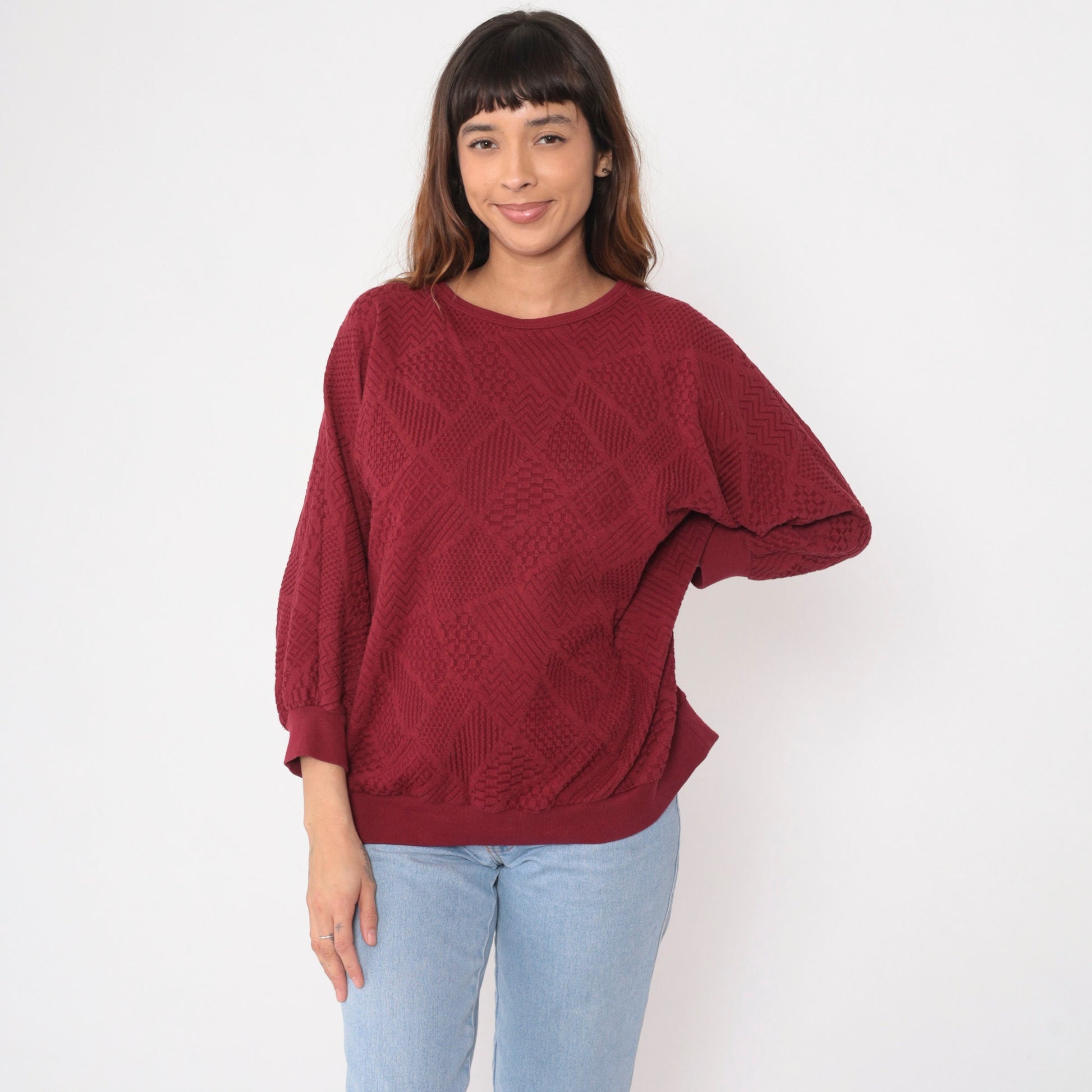 80s Dolman Sleeve Patchwork Top Deep Red Textured Crewneck Extra Large XXL