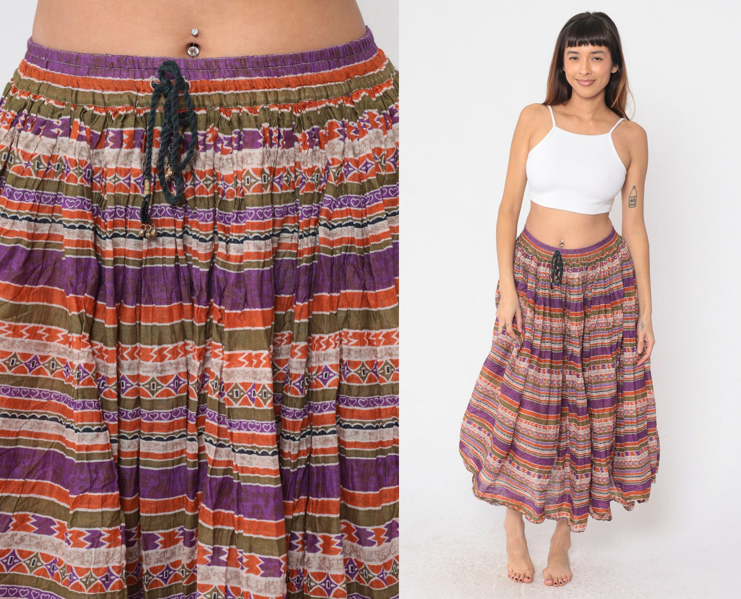 90s Capezio Geometric Striped Broomstick Midi Skirt Drawstring Purple Small