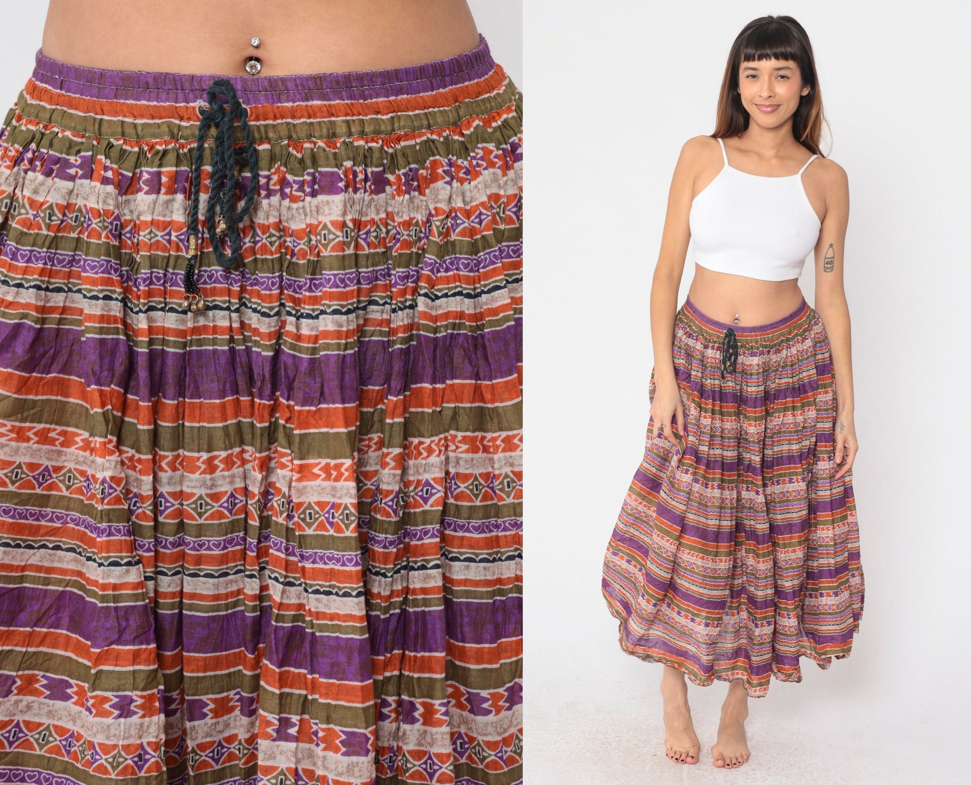 90s Capezio Geometric Striped Broomstick Midi Skirt Drawstring Purple Small