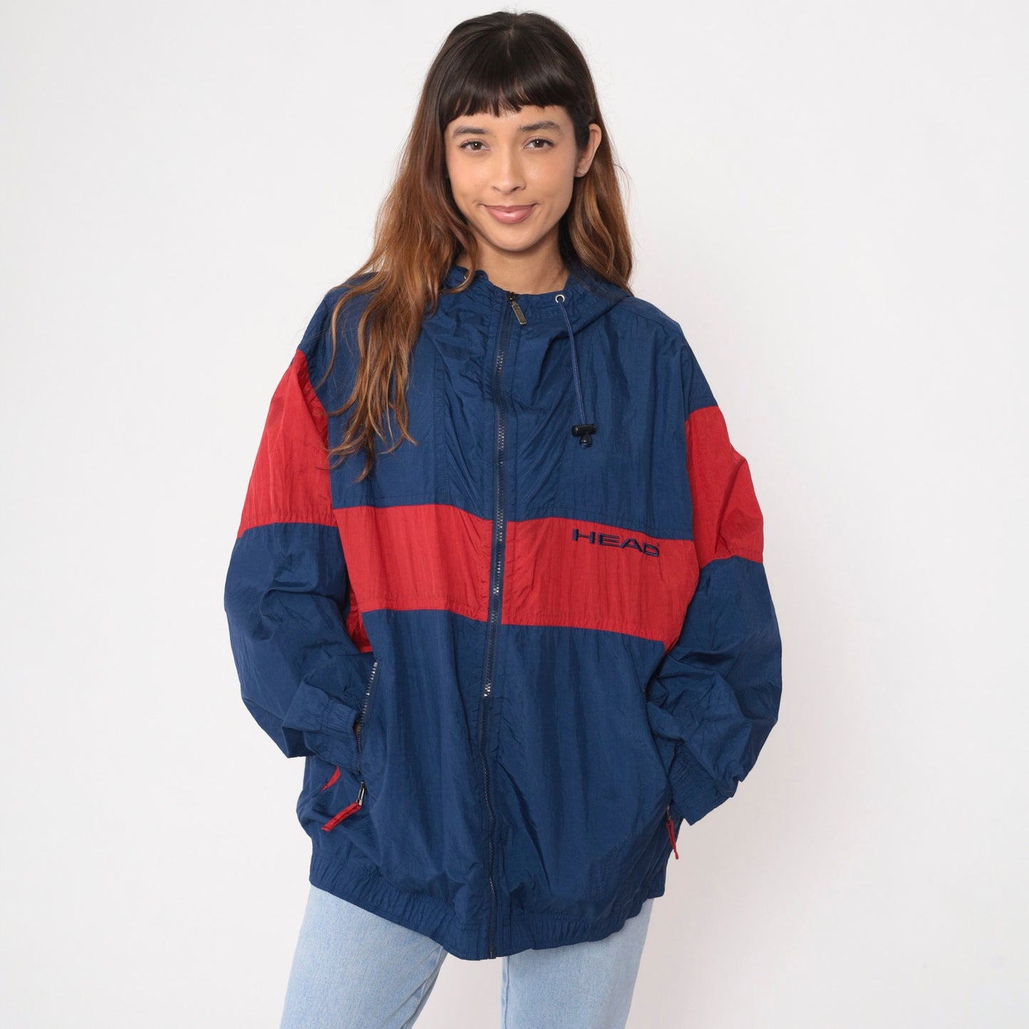 90s Head Hooded Windbreaker Navy Blue Red Color Block Large