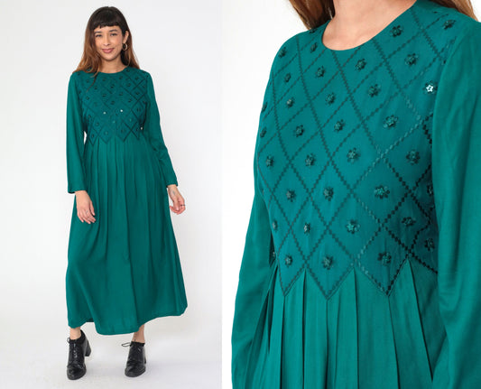 90s Green Floral Embroidered Maxi Dress Long Sleeve Star Buttons Small 6