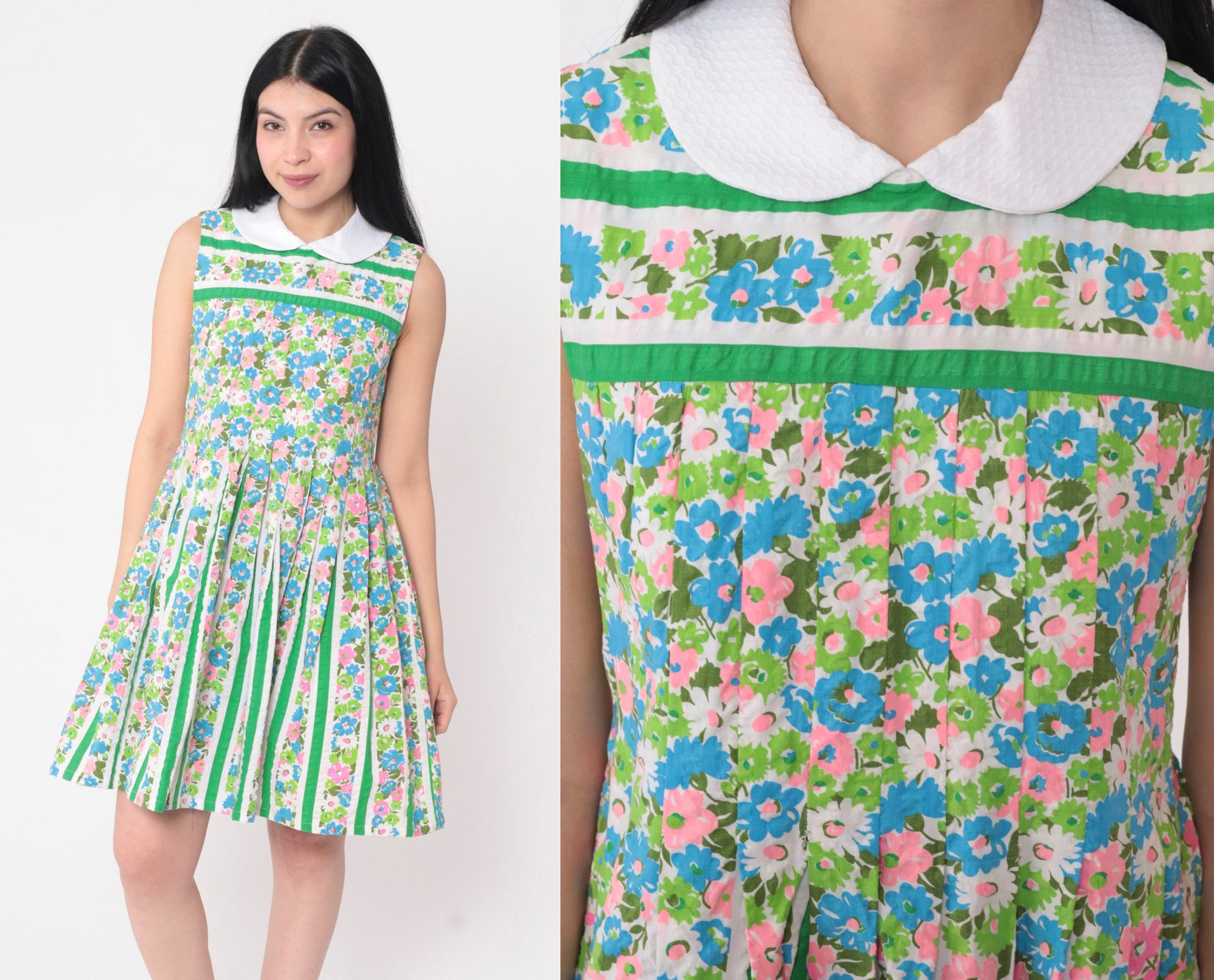 1960s Floral Seersucker Mini Dress Peter Pan Collar Pleated A-Line Green Extra Small
