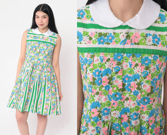 1960s Floral Seersucker Mini Dress Peter Pan Collar Pleated A-Line Green Extra Small