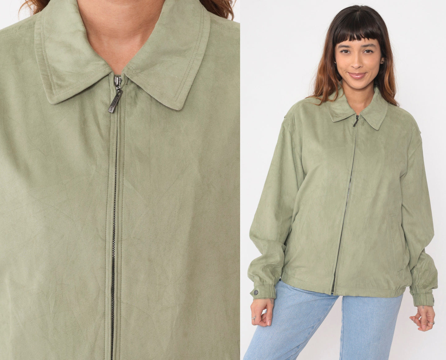 90s Newport Harbor Faux Suede Zip Jacket Light Green Collared Windbreaker Extra Large XXL