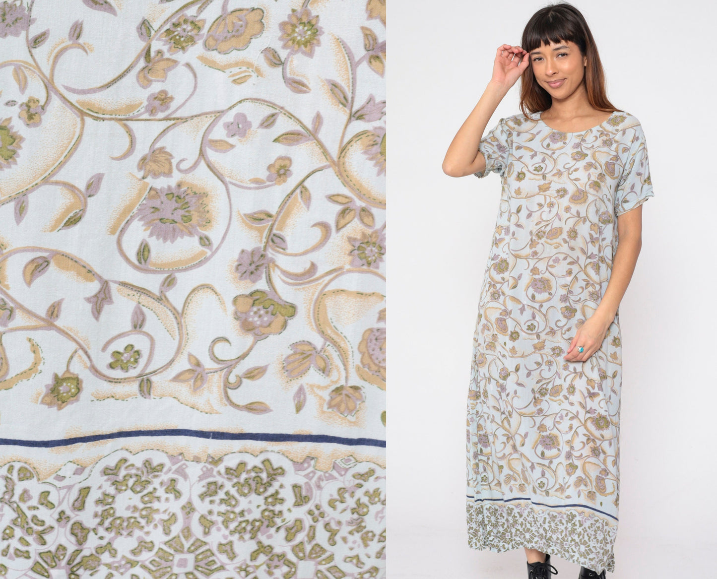 Y2K Indian Floral Midi Dress Light Blue Short Sleeve Small S
