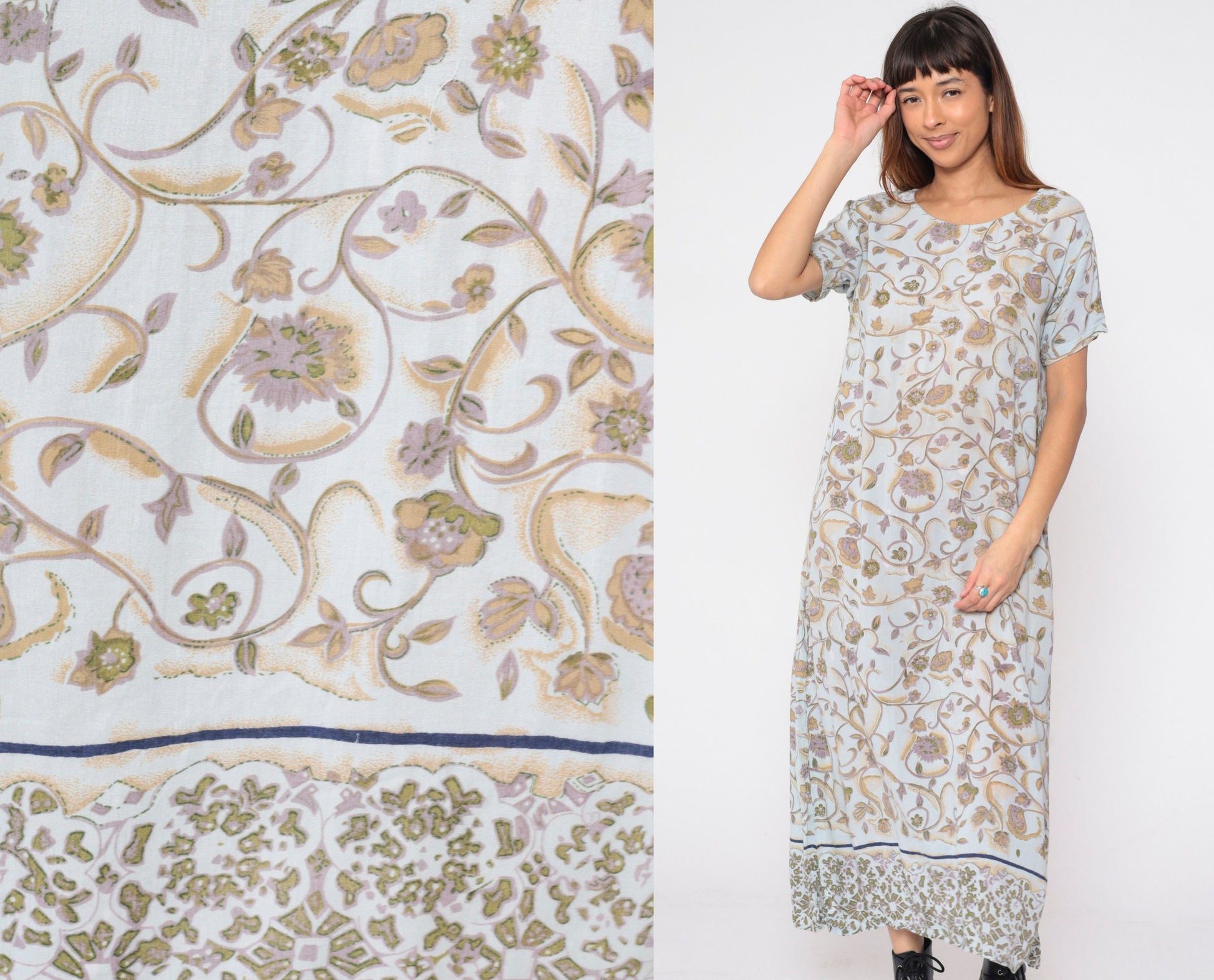 Y2K Indian Floral Midi Dress Light Blue Short Sleeve Small S