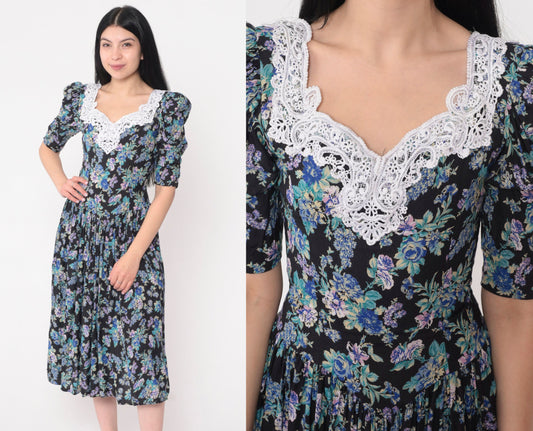 80s Black Floral Midi Dress Puff Sleeve Princess Seams Basque Waist Rayon XXS