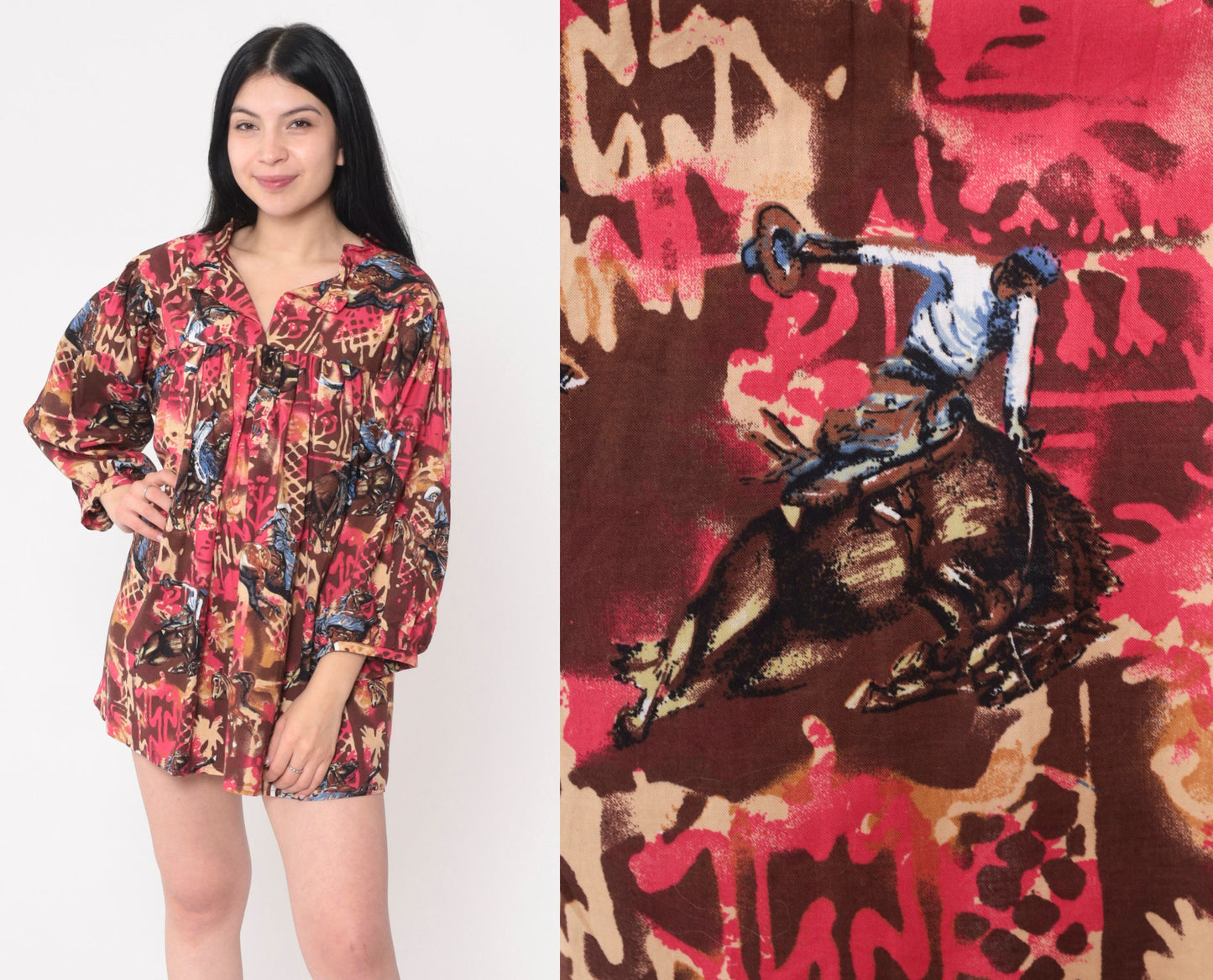 70s Rodeo Print Balloon Sleeve Blouse Red Tent Cut Slit Neckline Large L