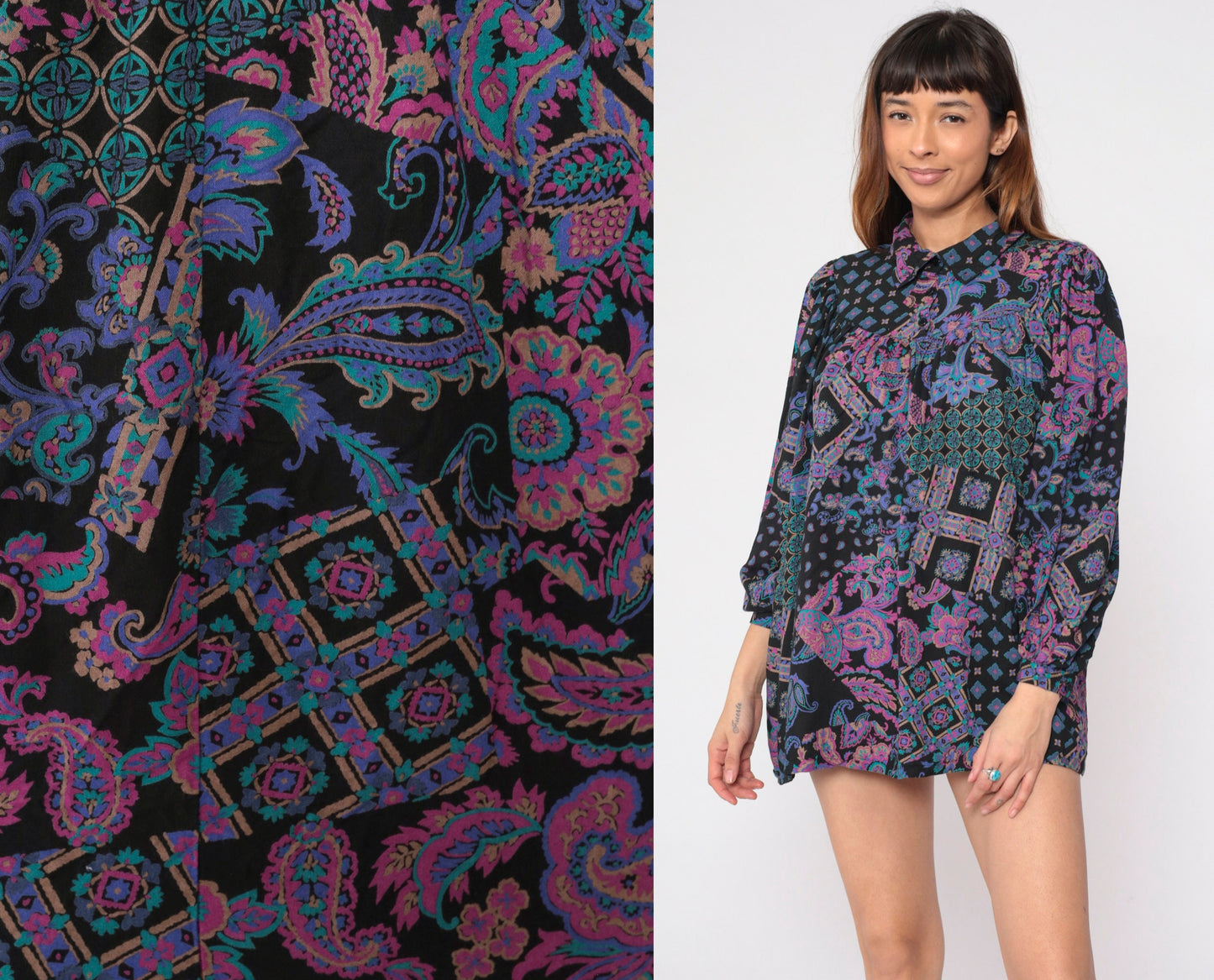 90s Black Abstract Floral Paisley Tunic Mini Dress Puff Sleeve Collared Medium Large