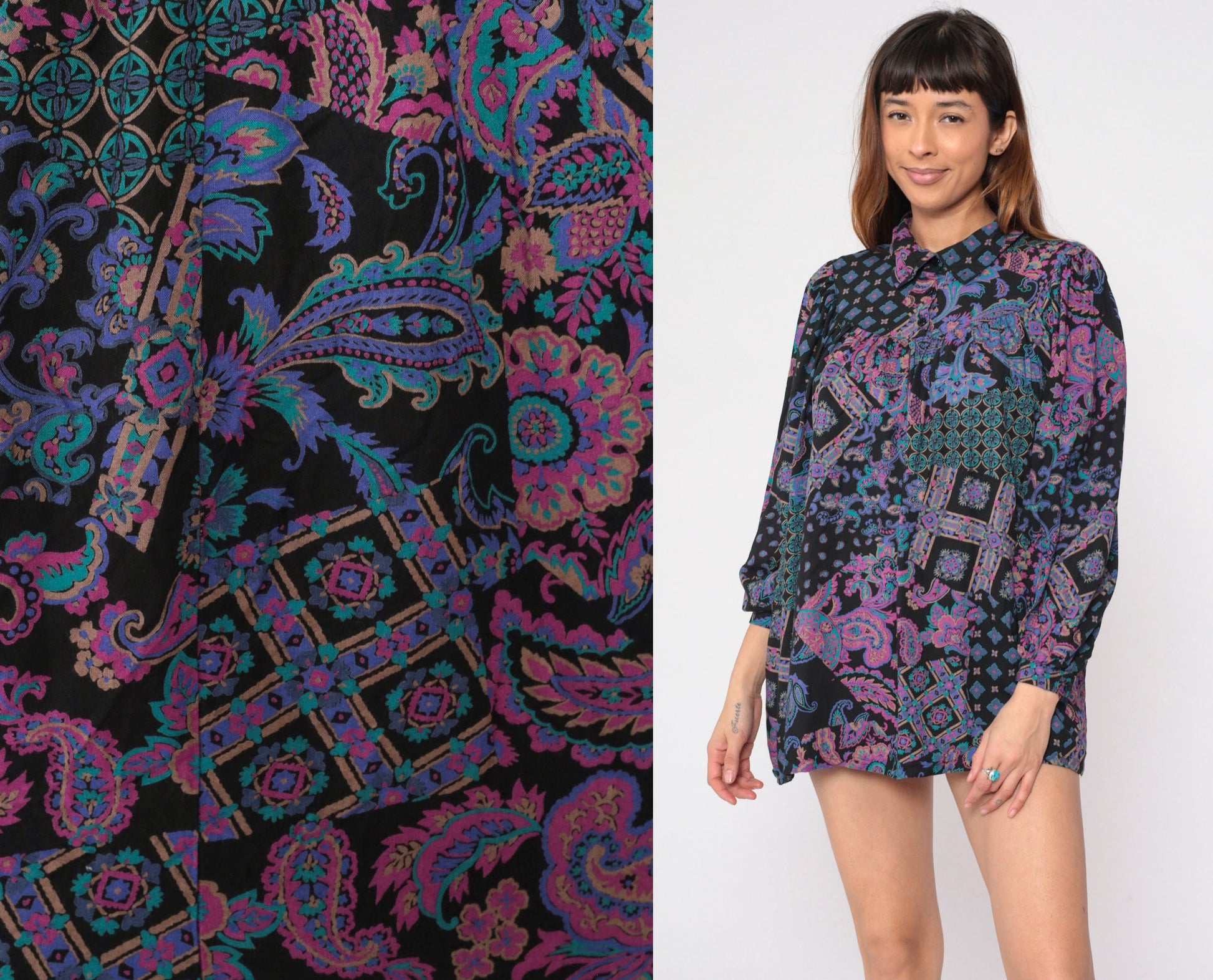 90s Black Abstract Floral Paisley Tunic Mini Dress Puff Sleeve Collared Medium Large
