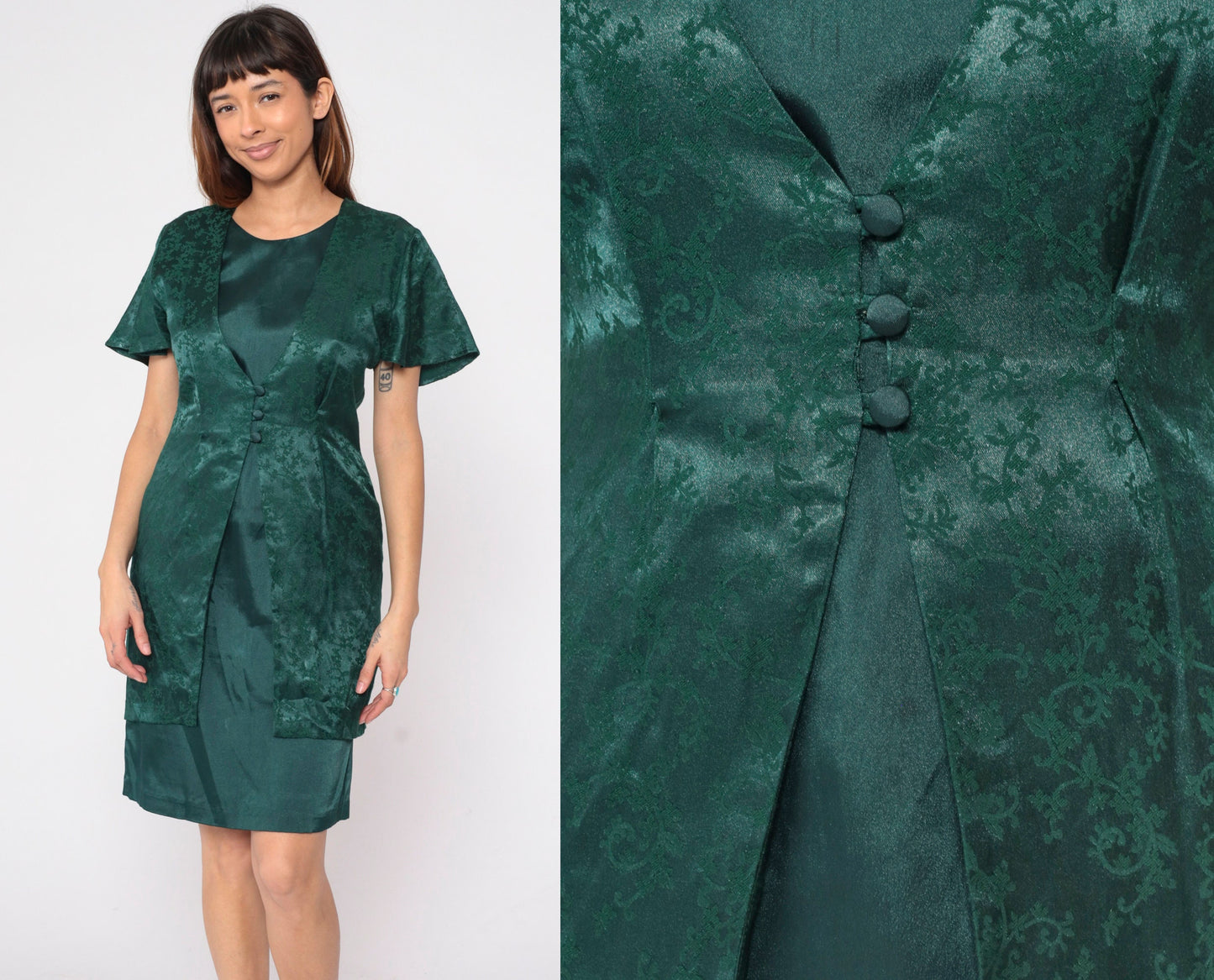 90s Olivia Rose Dark Green Floral Embossed Vest Dress Mini Pencil Medium