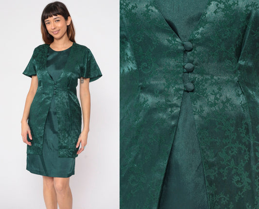 90s Olivia Rose Dark Green Floral Embossed Vest Dress Mini Pencil Medium