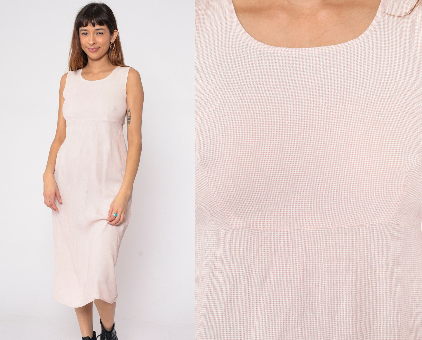 90s Cream Pink Checkered Midi Dress Empire Waist Sleeveless Small S