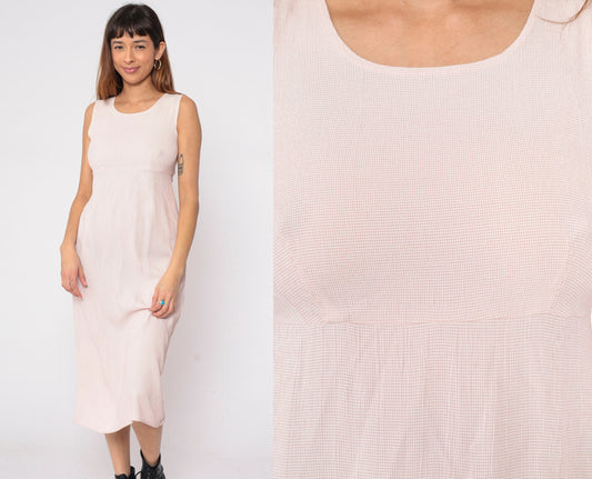90s Cream Pink Checkered Midi Dress Empire Waist Sleeveless Small S
