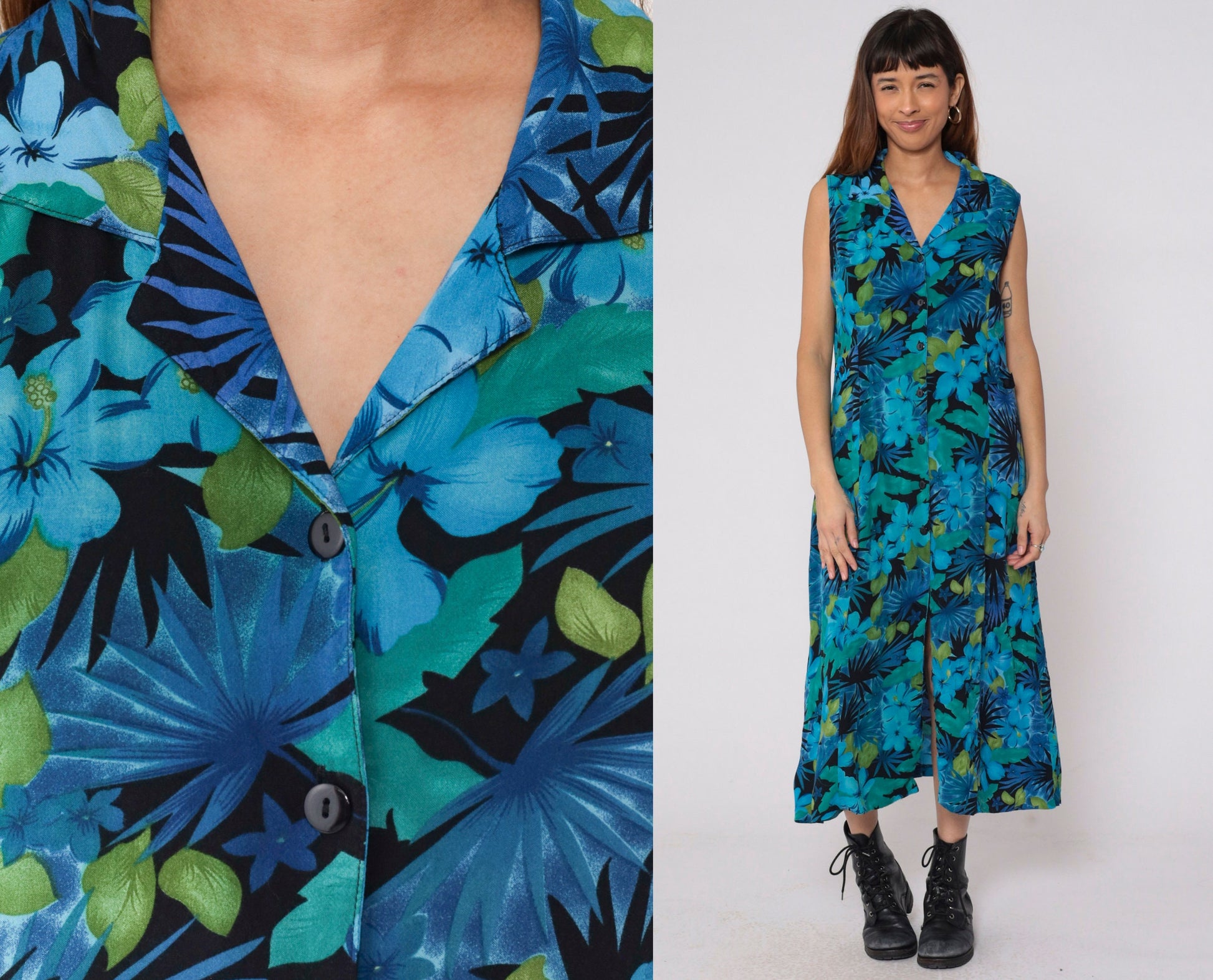 90s Tropical Floral Midi Dress Blue Hibiscus Leaf Print Collared Sleeveless Large