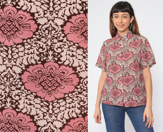 90s Floral Button-Up Blouse Brown Pink Cream Flower Print Short Sleeve Medium