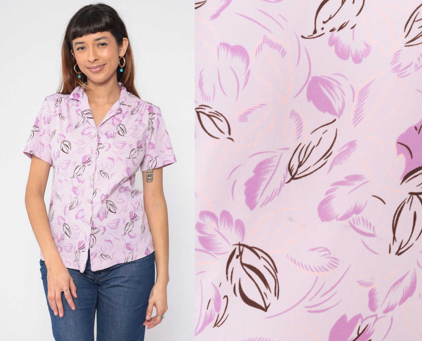 70s Light Purple Floral Button-Up Shirt Lavender Leaf Print Short Sleeve Medium