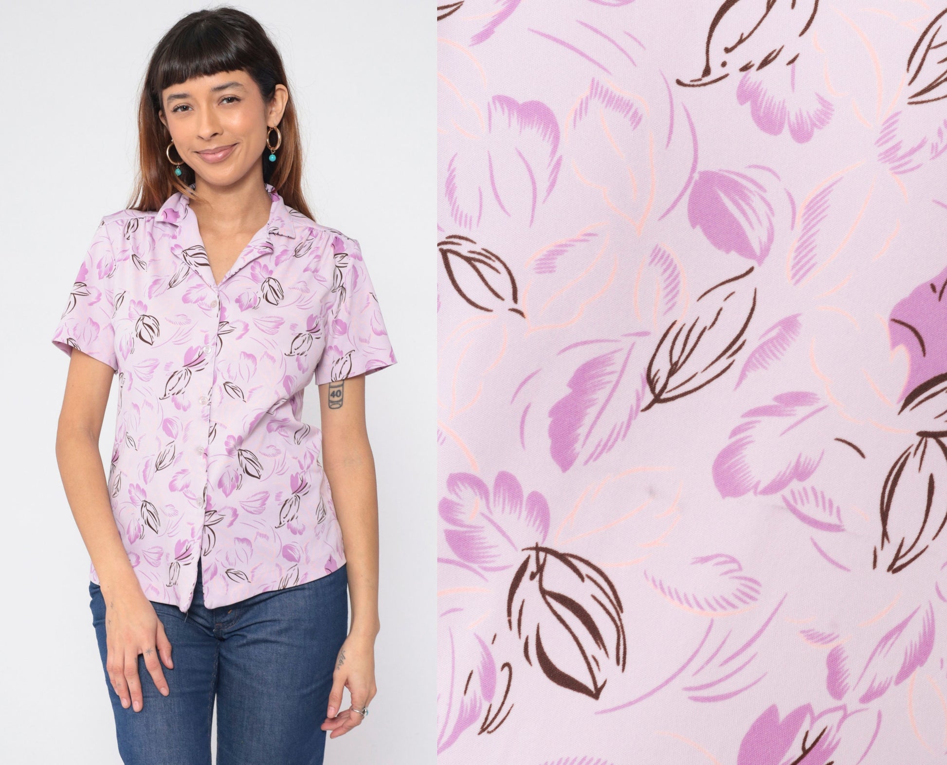 70s Light Purple Floral Button-Up Shirt Lavender Leaf Print Short Sleeve Medium