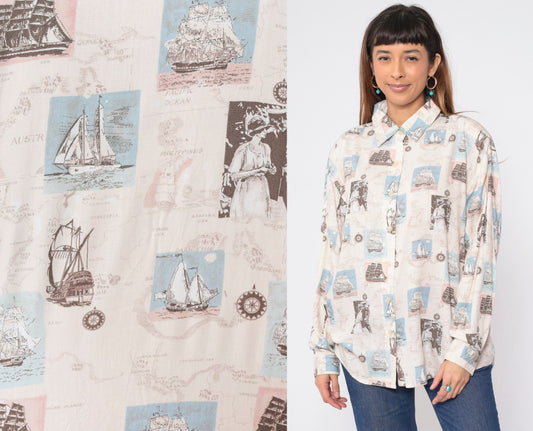 90s Bill Blass Nautical Print Button-Up Blouse Sailboat Compass Long Sleeve Large