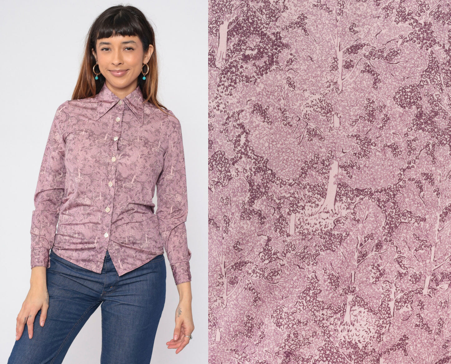 70s Oscar Valentino Tree Print Pink Button-Up Blouse Dagger Collar XS