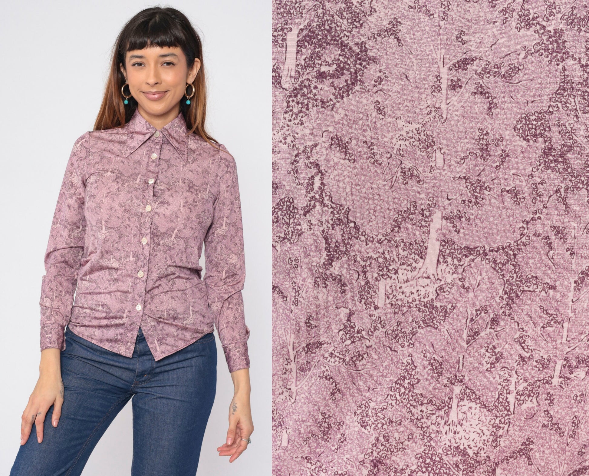 70s Oscar Valentino Tree Print Pink Button-Up Blouse Dagger Collar XS