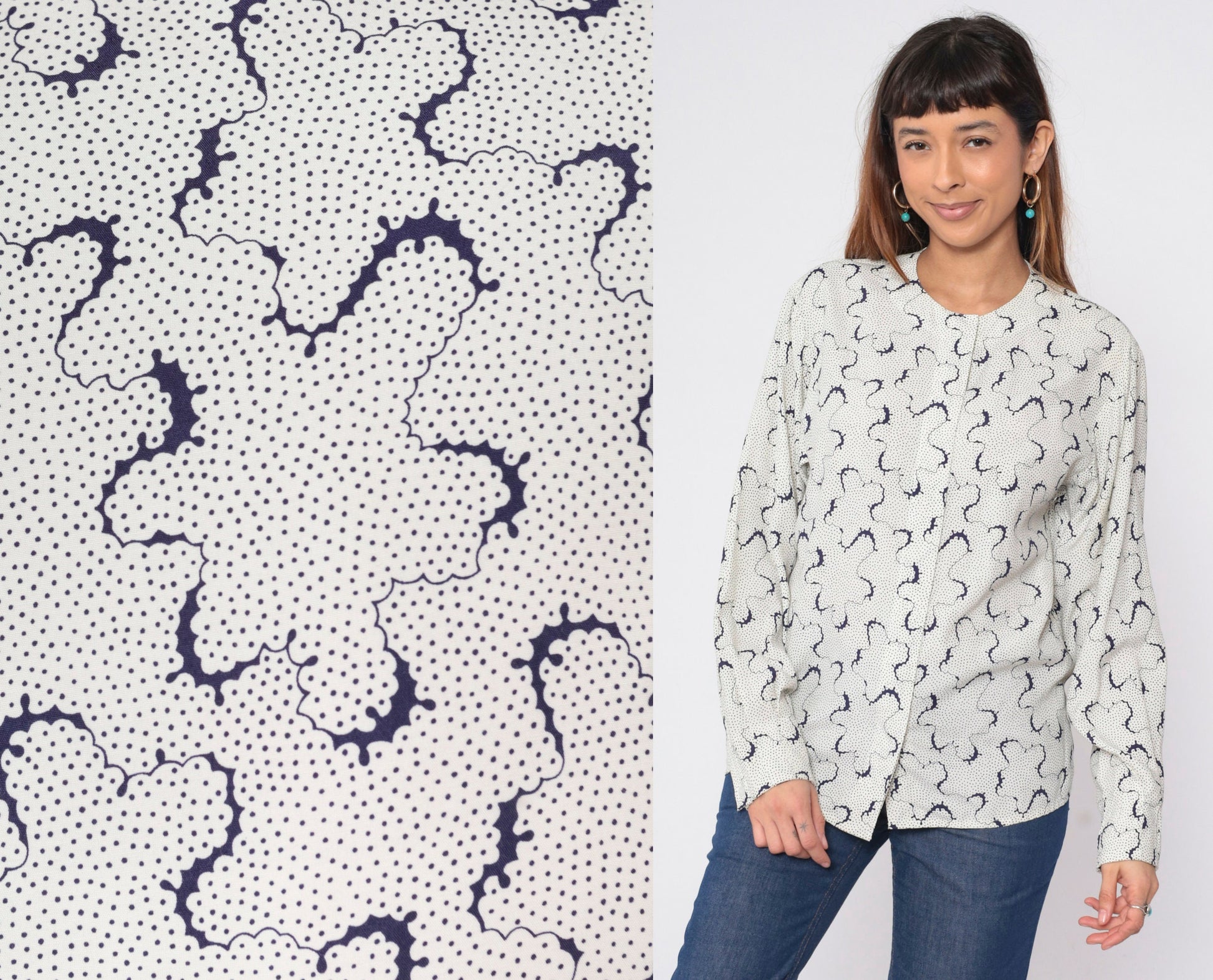 90s Evan Picone Abstract Dot Print Button-Up Blouse White Long Sleeve Medium