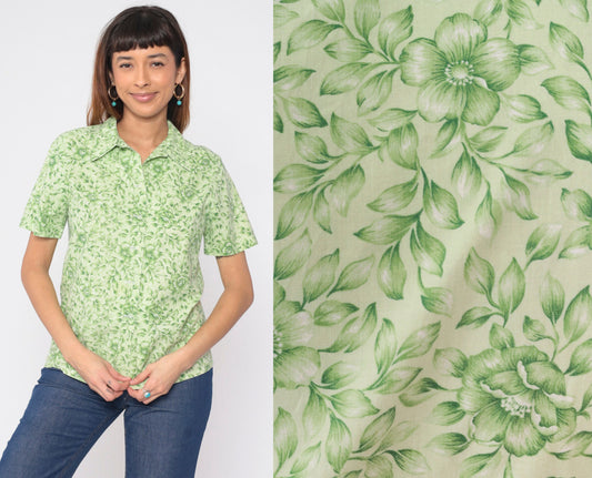 90s Green Floral Button-Up Shirt Short Sleeve Collared Blouse Medium M