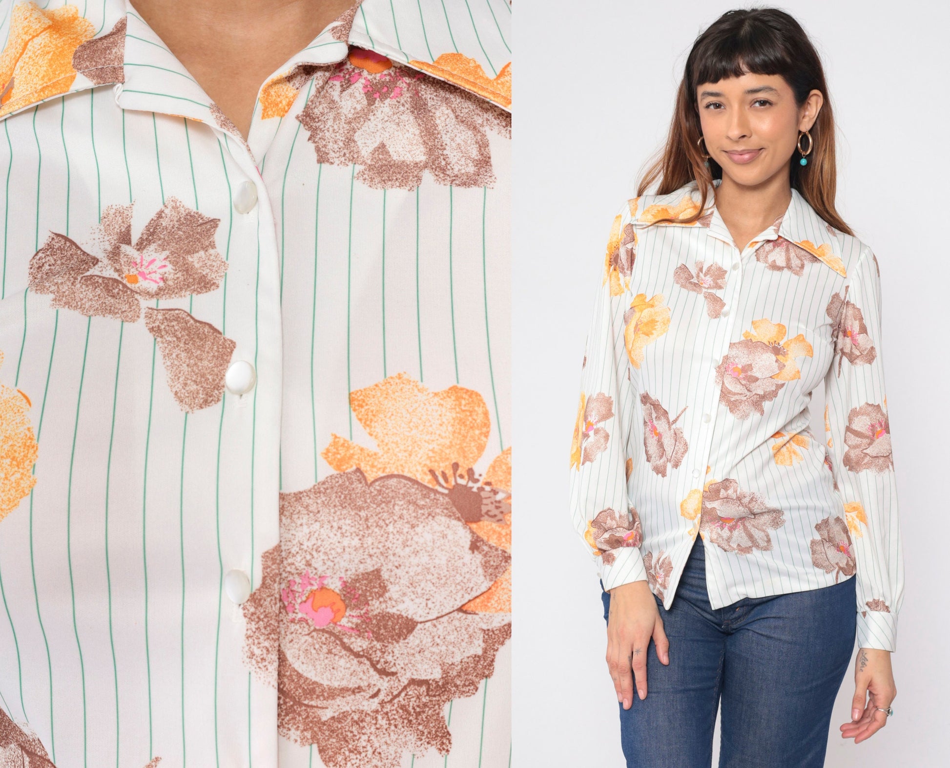 70s Striped Floral White Button-Up Blouse Pointed Collar Long Sleeve Small
