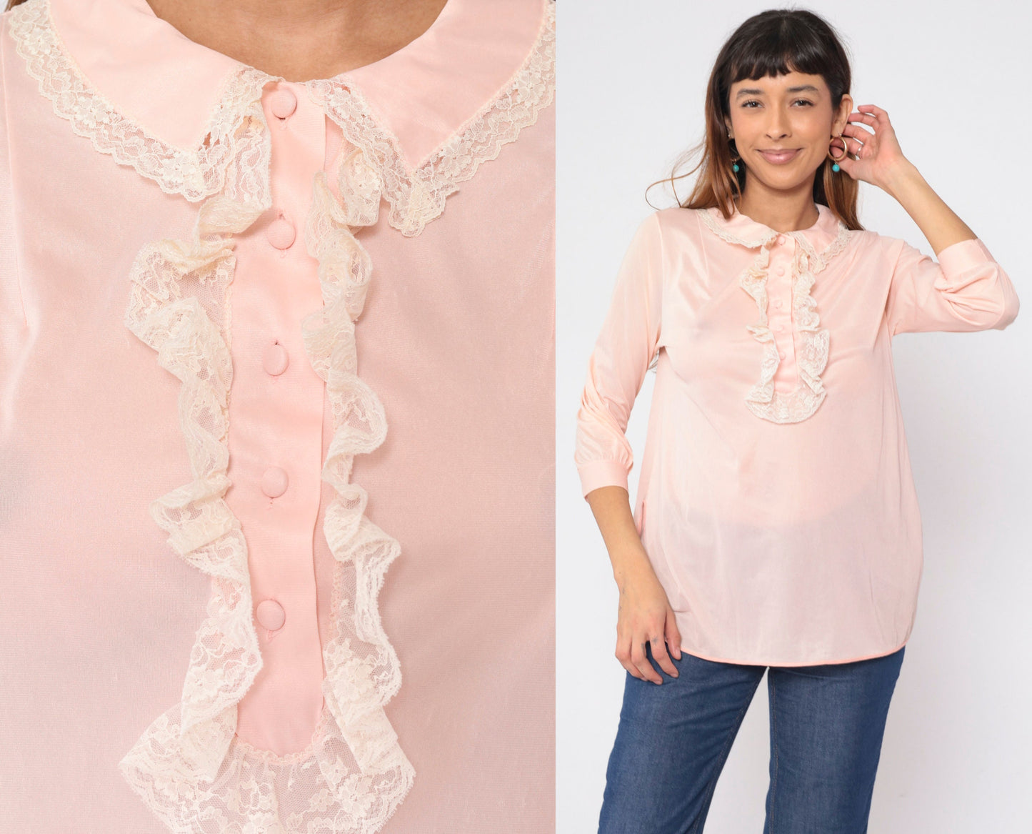 70s Baby Pink Ruffle Blouse Lace Jabot Collar 3/4 Sleeve Longline Small S