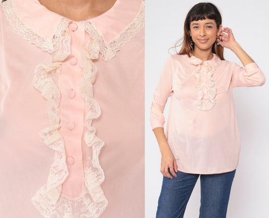 70s Baby Pink Ruffle Blouse Lace Jabot Collar 3/4 Sleeve Longline Small S