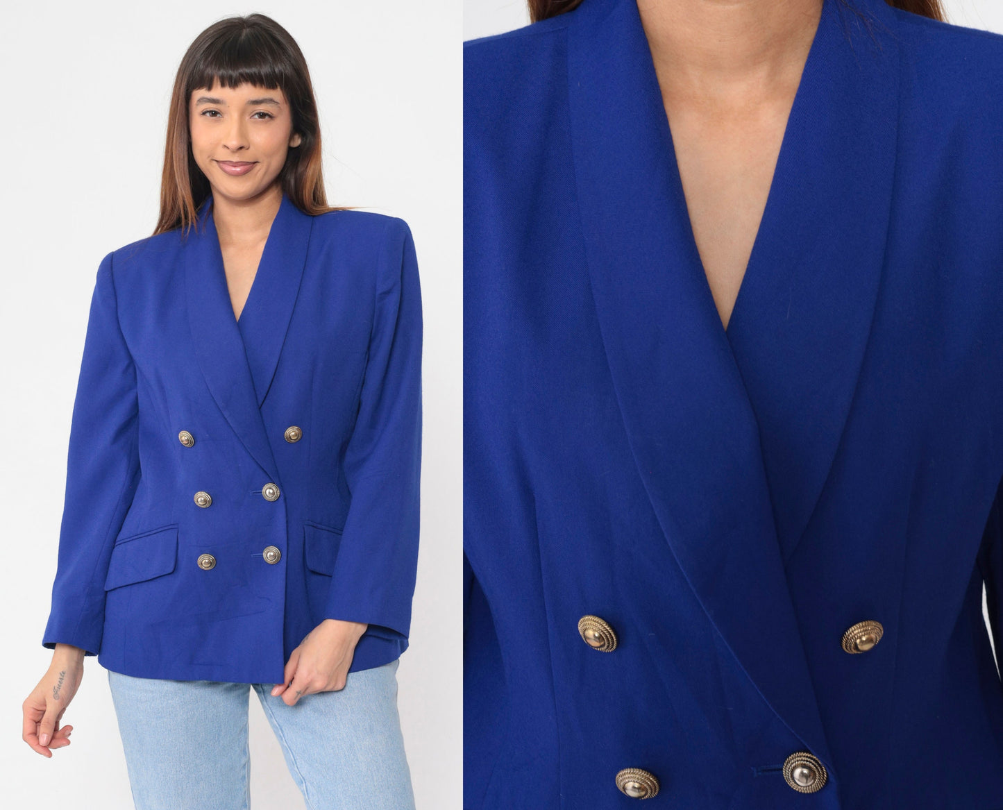 00s Royal Blue Double Breasted Blazer V Neck Tailored Jacket Large 14
