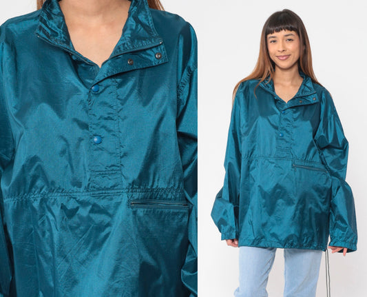 90s Eddie Bauer Blue Pullover Windbreaker Half Snap Hiking Jacket Large
