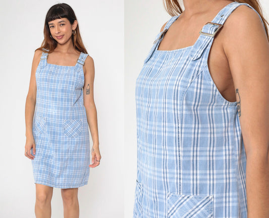 90s Blue Plaid Jumper Dress Mini Sleeveless Buckle Strap Pinafore Medium