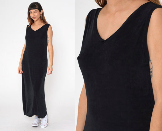 90s Black Maxi Dress V-Neck Sleeveless Column Cut Pullover Medium M