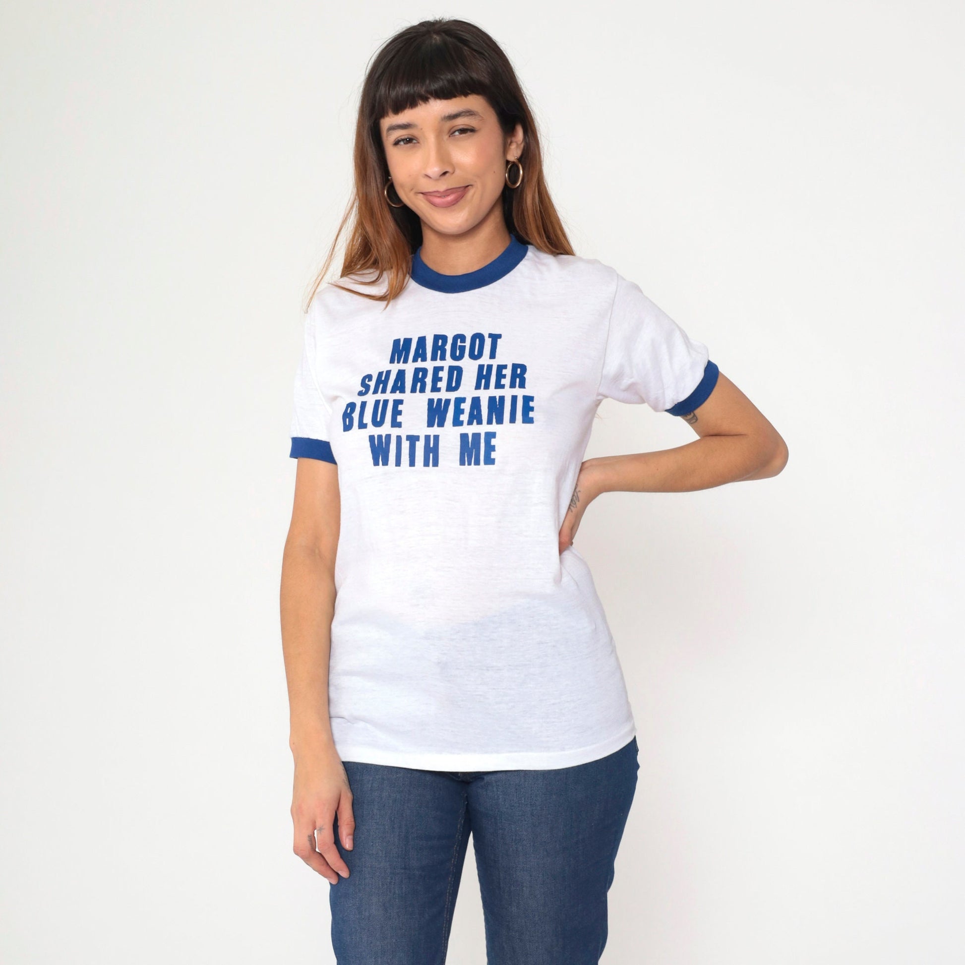 80s KC Sportswear Ringer Tee Margot Blue Weenie Graphic Joke Shirt Small