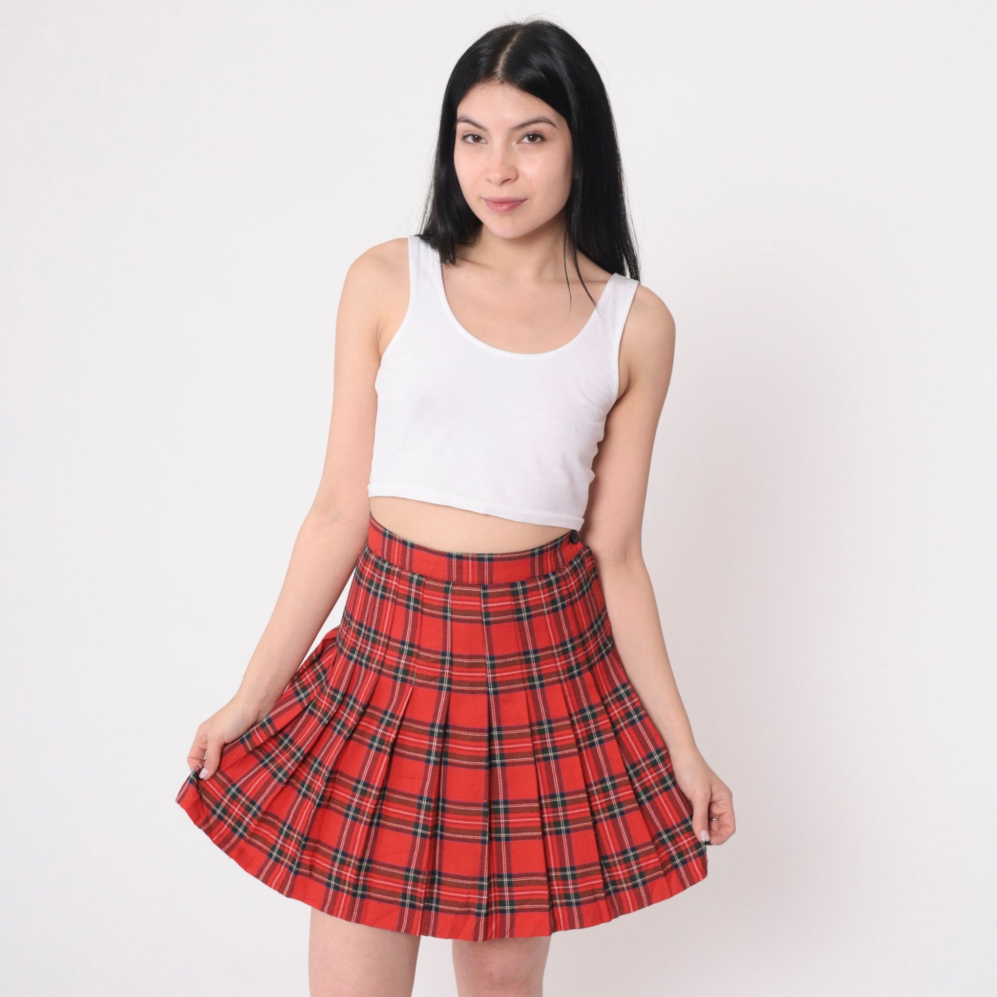 90s Red Plaid Mini Skirt High Waisted Pleated Tartan Extra Small