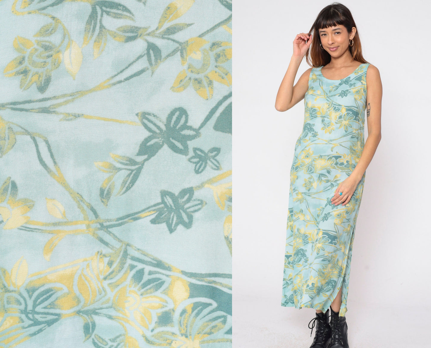 90s Seafoam Floral Rayon Maxi Dress Sleeveless Side Slit Small