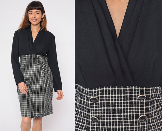 90s Black White Checkered Sheath Dress Surplice Neckline Long Sleeve Medium