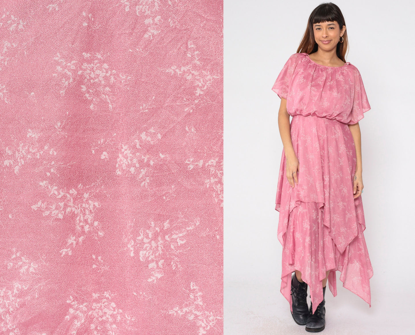 70s Pink Floral Handkerchief Hem Midi Dress Split Sleeve Grecian Small