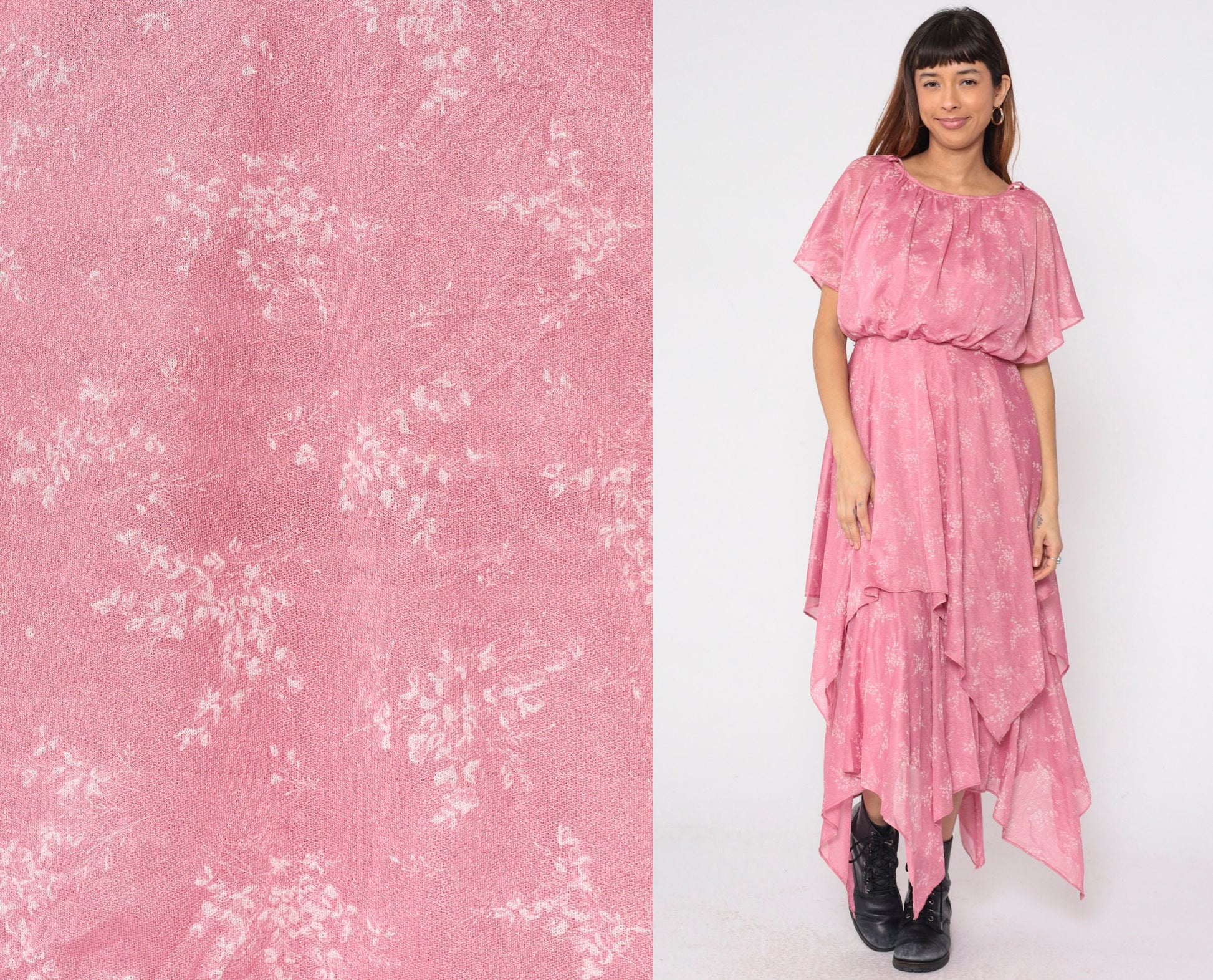 70s Pink Floral Handkerchief Hem Midi Dress Split Sleeve Grecian Small