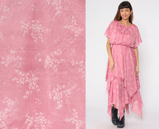 70s Pink Floral Handkerchief Hem Midi Dress Split Sleeve Grecian Small