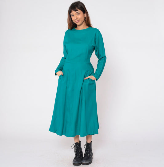 90s Teal Green Rayon Dress Button Back Batwing Sleeve Ankle Length Small