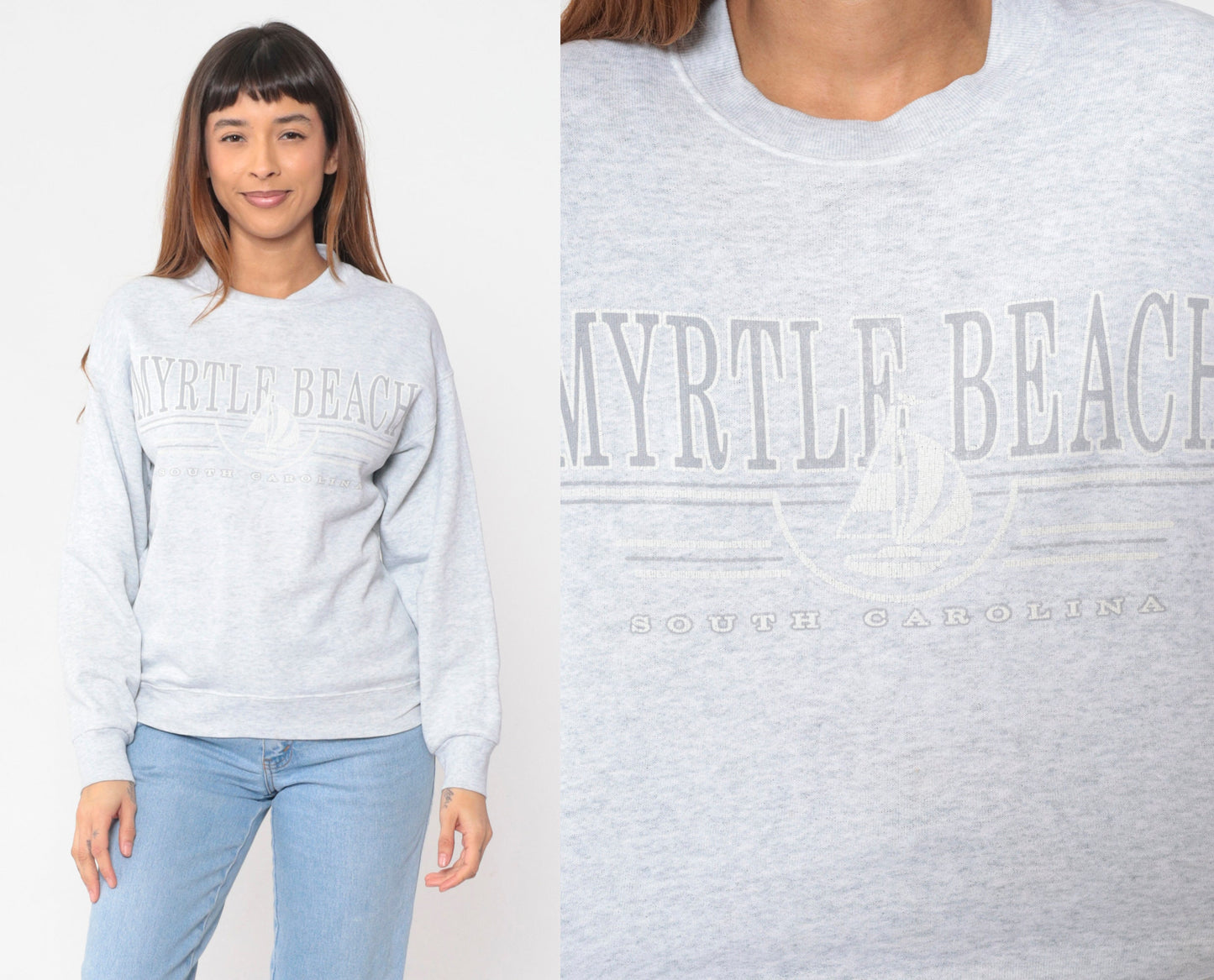 90s Myrtle Beach South Carolina Sailboat Sweatshirt Heather Grey Crewneck Medium