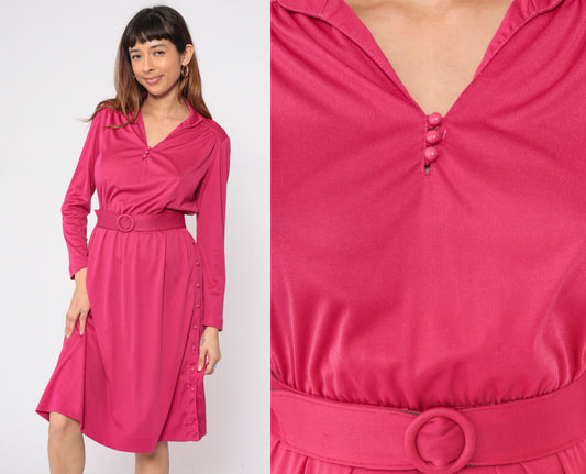 70s Leslie Faye Midi Dress Pink Blouson Long Sleeve Belted Small