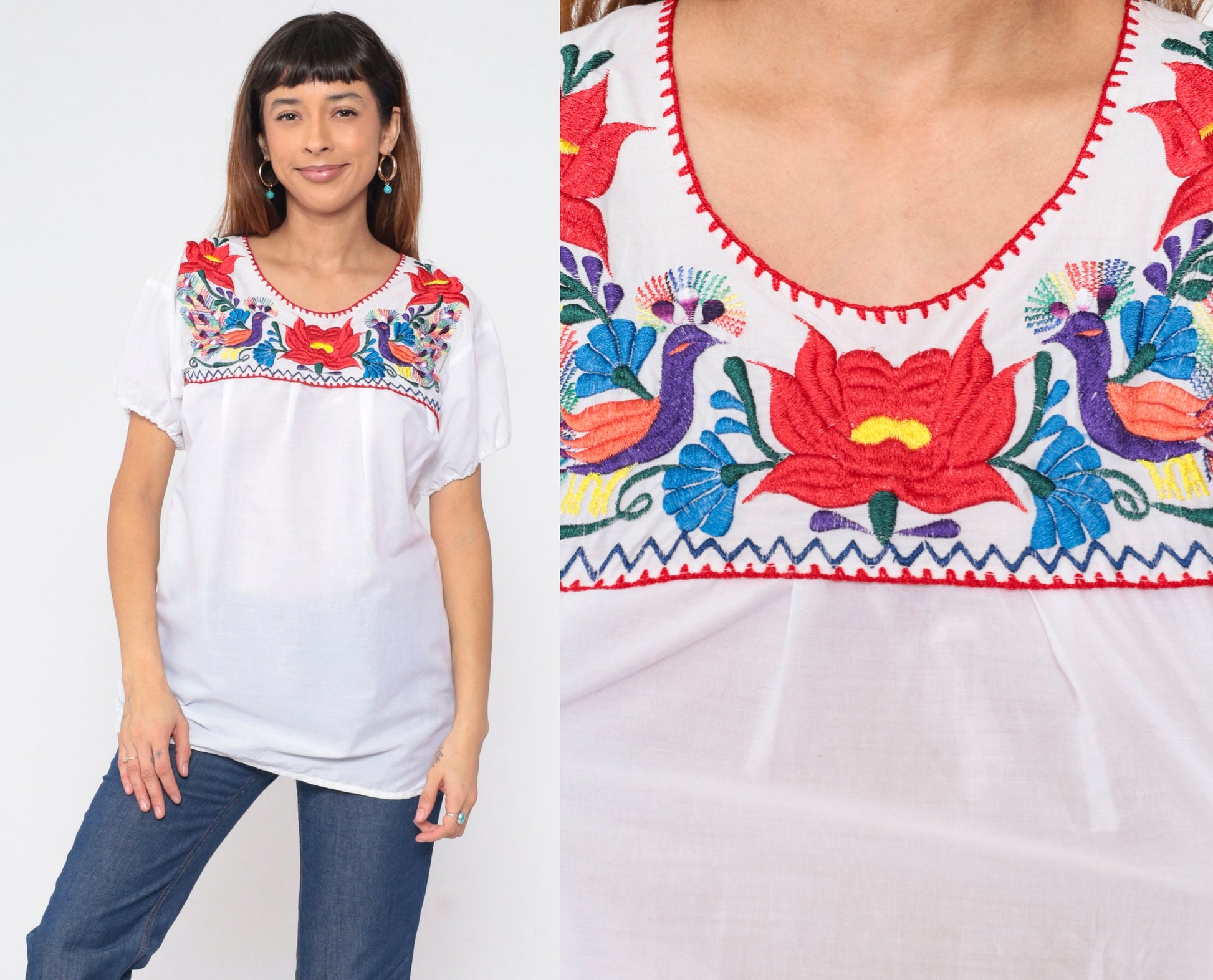 90s Mexican Embroidered Bird Blouse White Cotton Floral Puebla Medium
