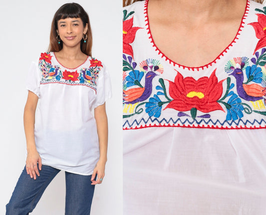 90s Mexican Embroidered Bird Blouse White Cotton Floral Puebla Medium