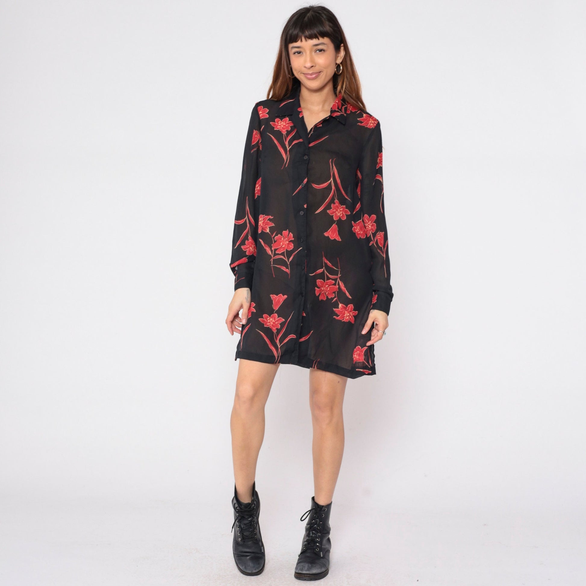 90s Black Floral Button-Up Shirt Red Print Long Sleeve Side Slit Small