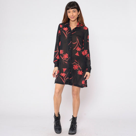 90s Black Floral Button-Up Shirt Red Print Long Sleeve Side Slit Small