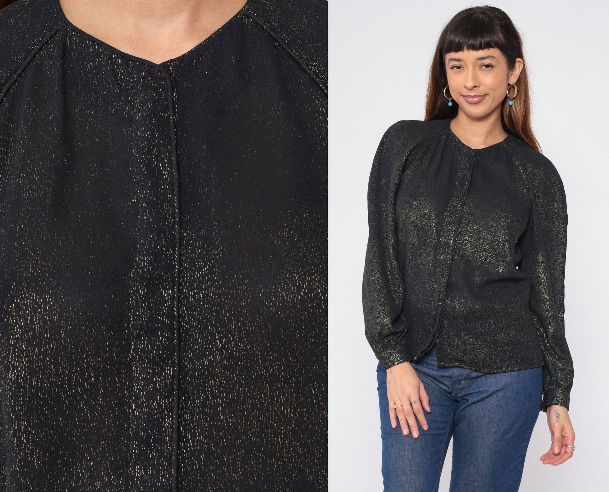 90s Metallic Black Gold Blouse Hidden Button Puff Sleeve Fitted Small S