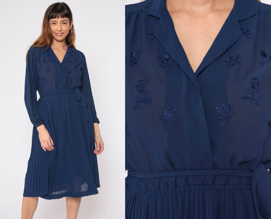 70s Navy Floral Sheer Dress High Waist Pleated Midi Long Sleeve Small